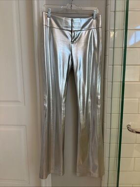 Alice and Olivia Silver Metallic Flared faux leather low rise pants